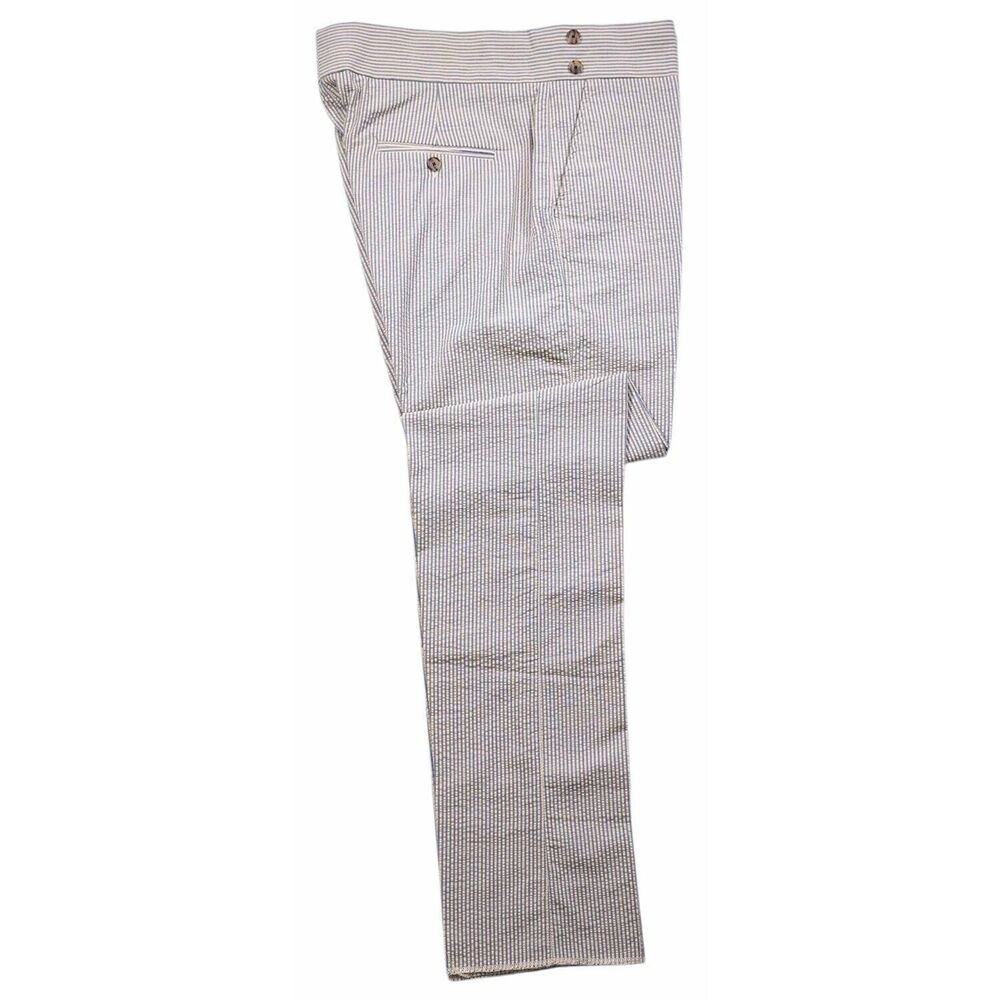 Mens Gurkha Pants Beige Blue Striped Seersucker Slim Straight Chino Trousers 36 - Picture 2 of 7